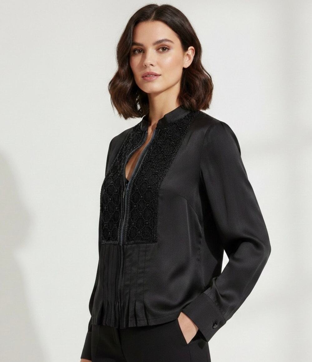 Vtg OGGI Miami 100% Silk Blouse Top Black Beaded Italy‎ Zip Front Top Sz S 18”